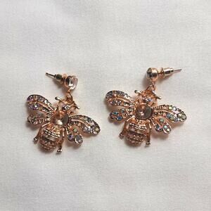 Gold Tone & Rainbow Crystal Bee Dangle Earrings